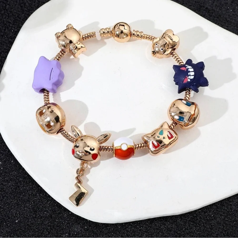 Gold Plated Pokemon Themed Charm Bracelet Adjustable Sizing Design - Picture 5 of 8